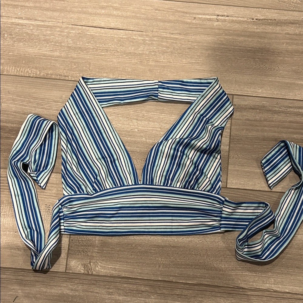 Striped Blue and White Wrap Top